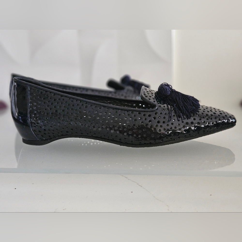 Stuart Weitzman Leather Perforated Tassel Shoes US 6.5 Navy blue